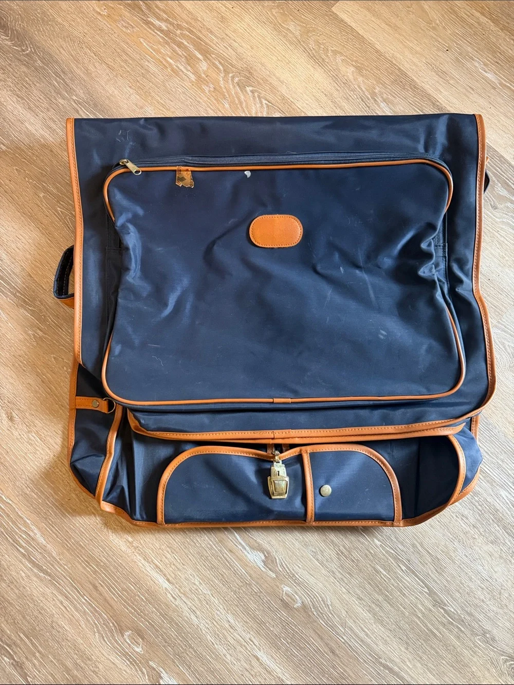 Navy and Tan Travel Messenger Bag - Classic Leather-Trim Design